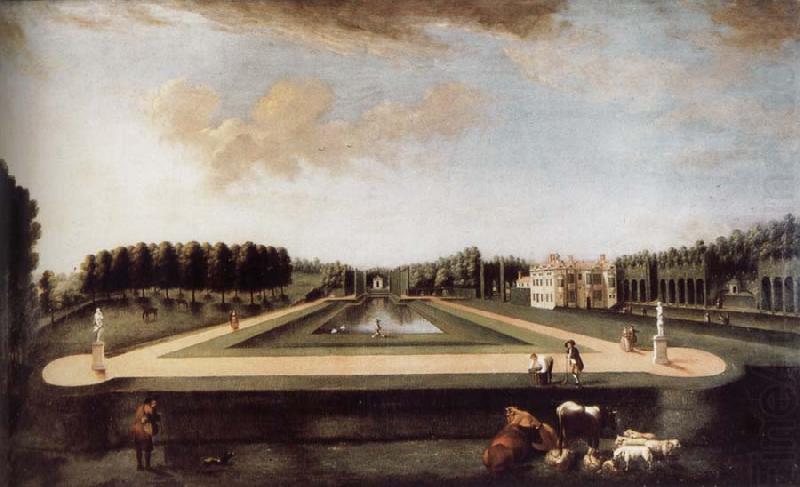 Axial view of the canal from the south showing Gibbs-s temple at the end of the Canal,the house and topiary alleys on the west side, unknow artist